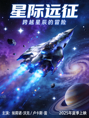 科幻太空飞船电影海报，星际旅行场景