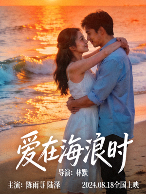 浪漫爱情电影海报，海边情侣拥抱场景